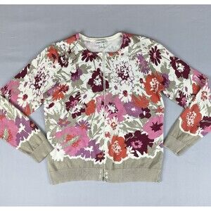 Cherokee Floral Button-Up Cardigan Med Crew Neck Purple Beige Orange Tight Knit
